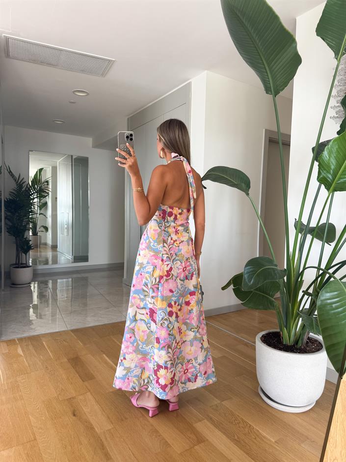 Floral Desen Keten Dokulu Elbise