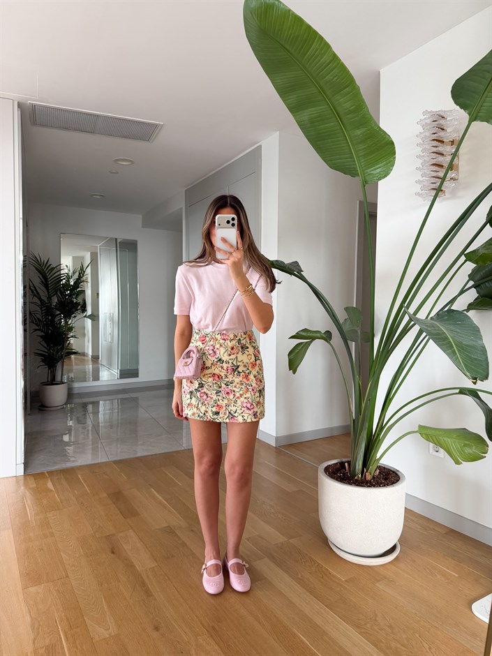 Flower Desenli Mini Etek - Sarı 