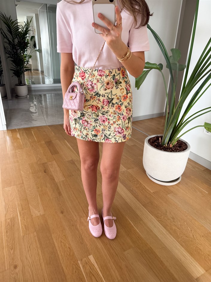 Flower Desenli Mini Etek - Sarı 