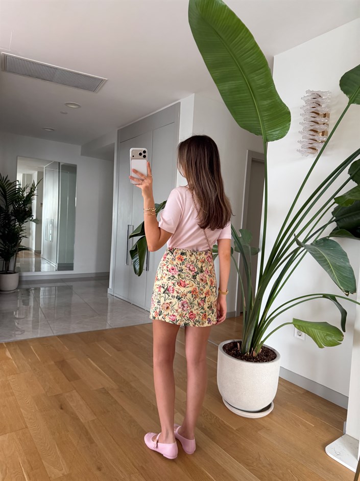 Flower Desenli Mini Etek - Sarı 