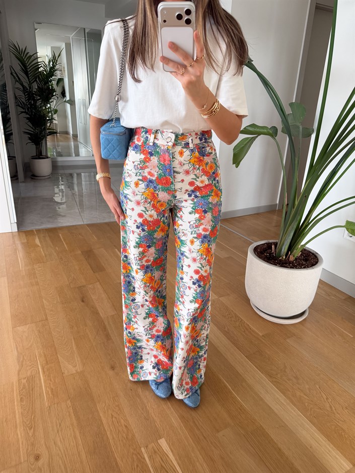 Flower Desenli Pantolon - Beyaz Mavi 