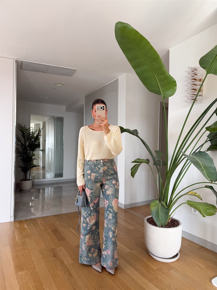 Flower Desenli Pantolon - Mavi 