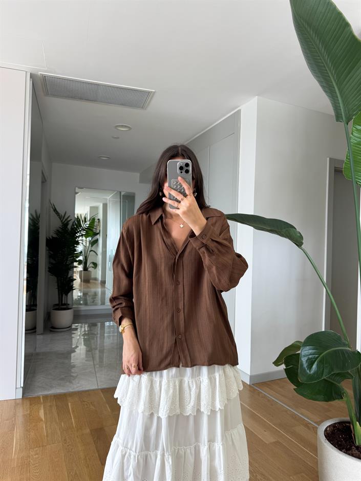 Flw Kendinden Çizgili Dokulu Gömlek- Kahve