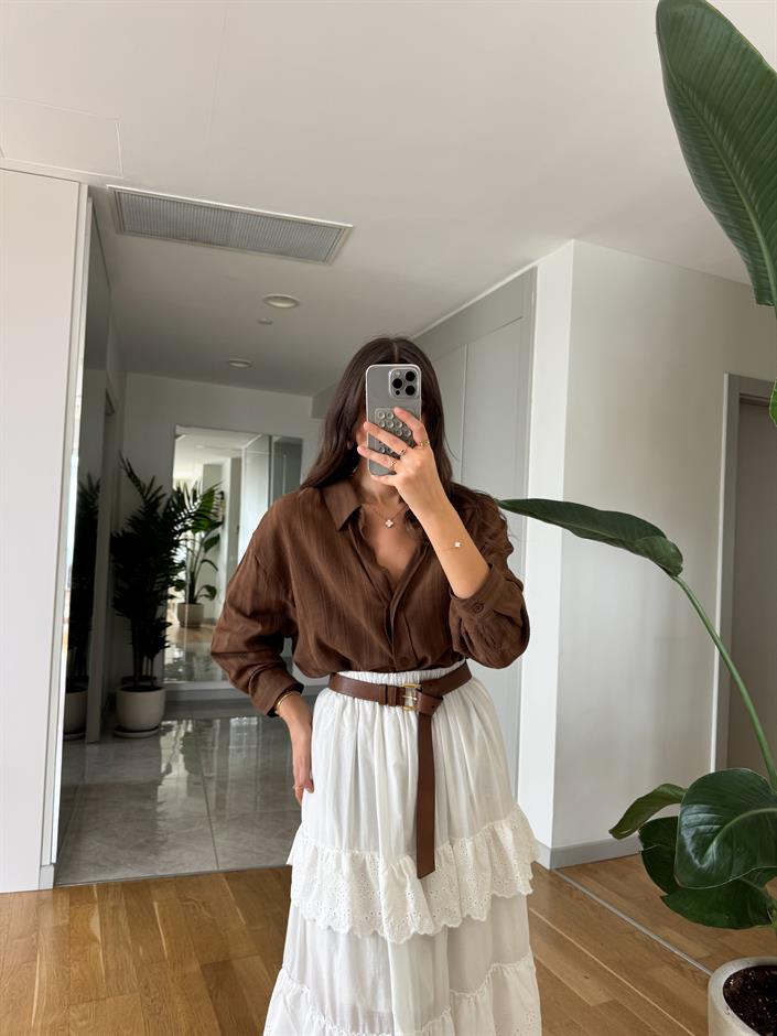 Flw Kendinden Çizgili Dokulu Gömlek- Kahve