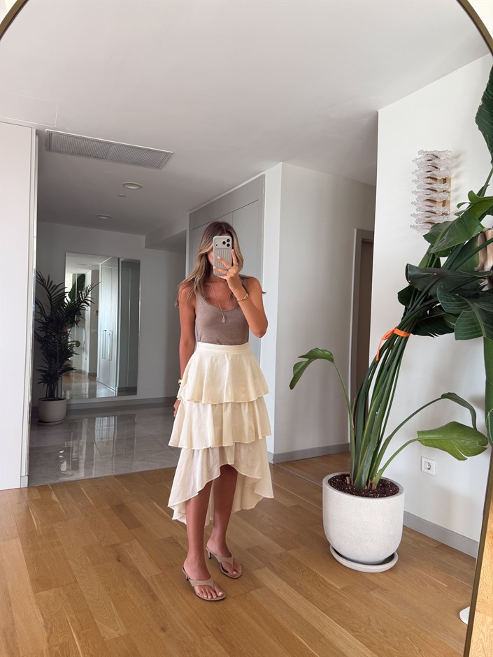 Francis Kat Kat Fırfırlı Midi Etek -Naturel