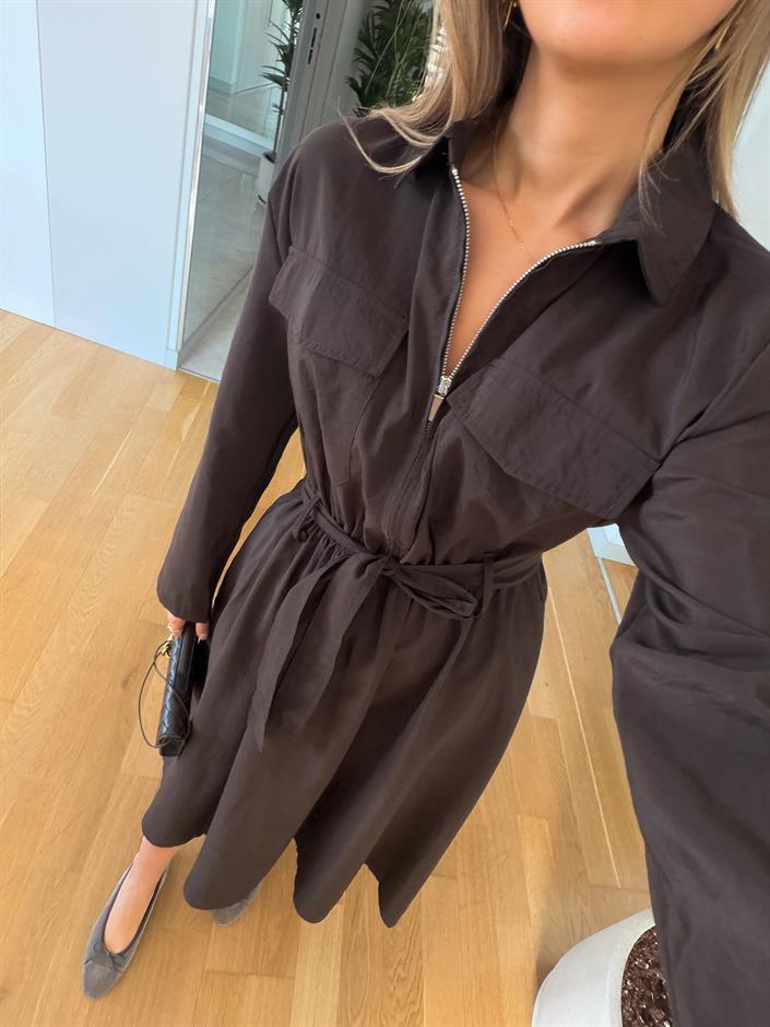 Frank Kuşaklı Fermuarlı Elbise - Kahve