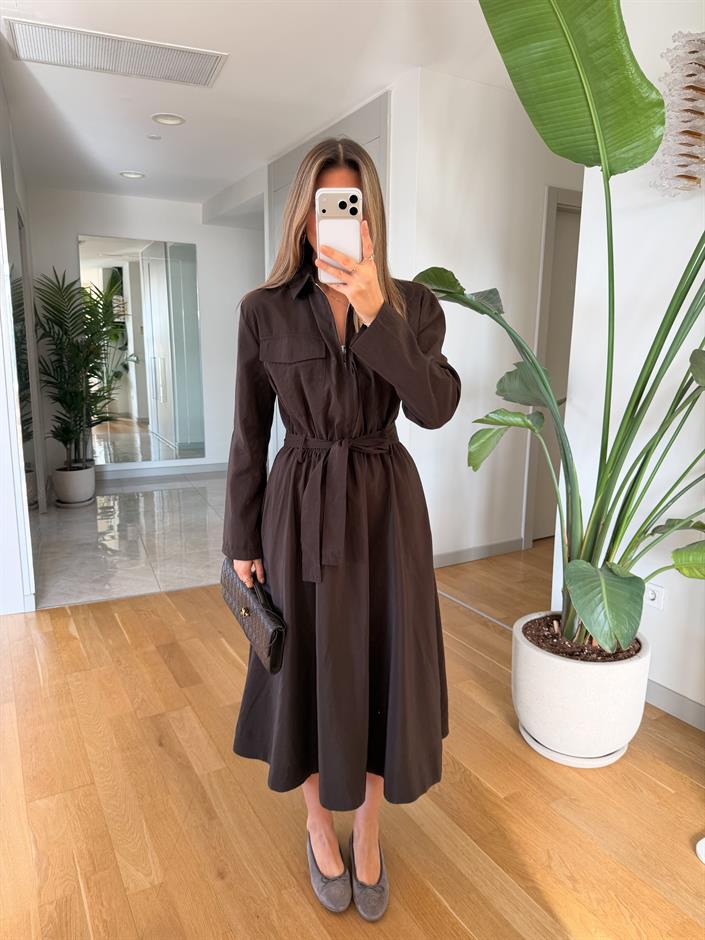 Frank Kuşaklı Fermuarlı Elbise - Kahve