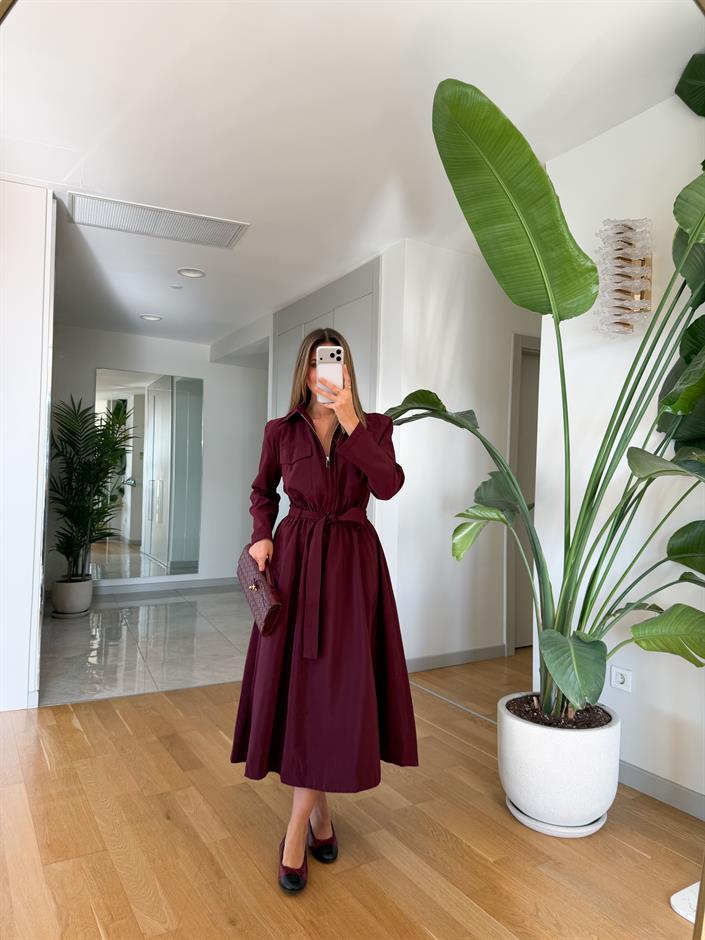 Frank Kuşaklı Fermuarlı Elbise - Mürdüm