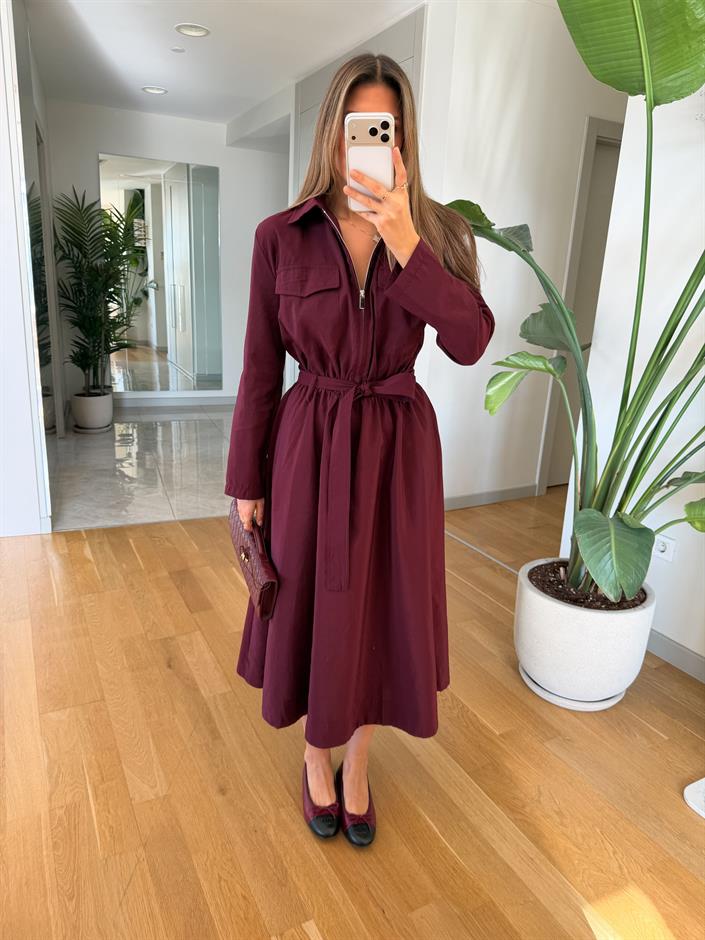 Frank Kuşaklı Fermuarlı Elbise - Mürdüm