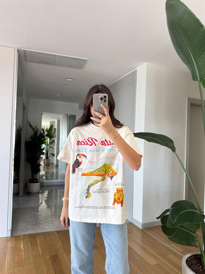 Fuji Baskılı Ekru Tişört