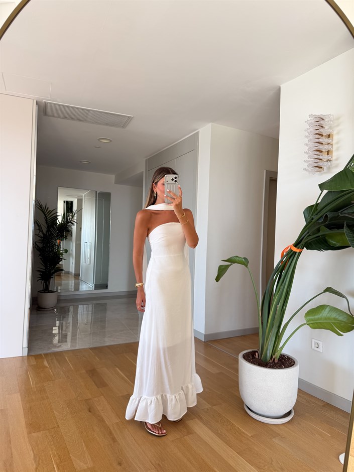 Fularlı Straplez Elbise - Beyaz