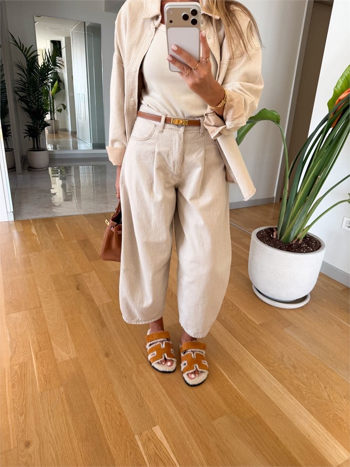 Gabardin Barrel Pantolon - Taş