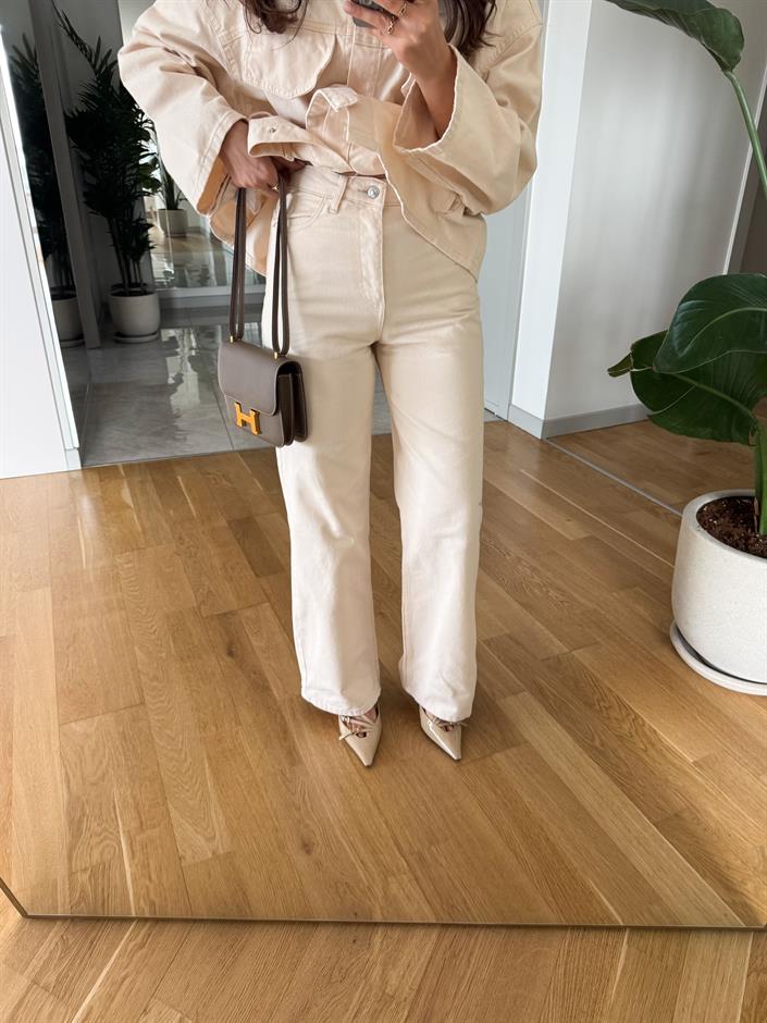 Gabardin Kemerli Ceket Pantolon Takım- Ekru