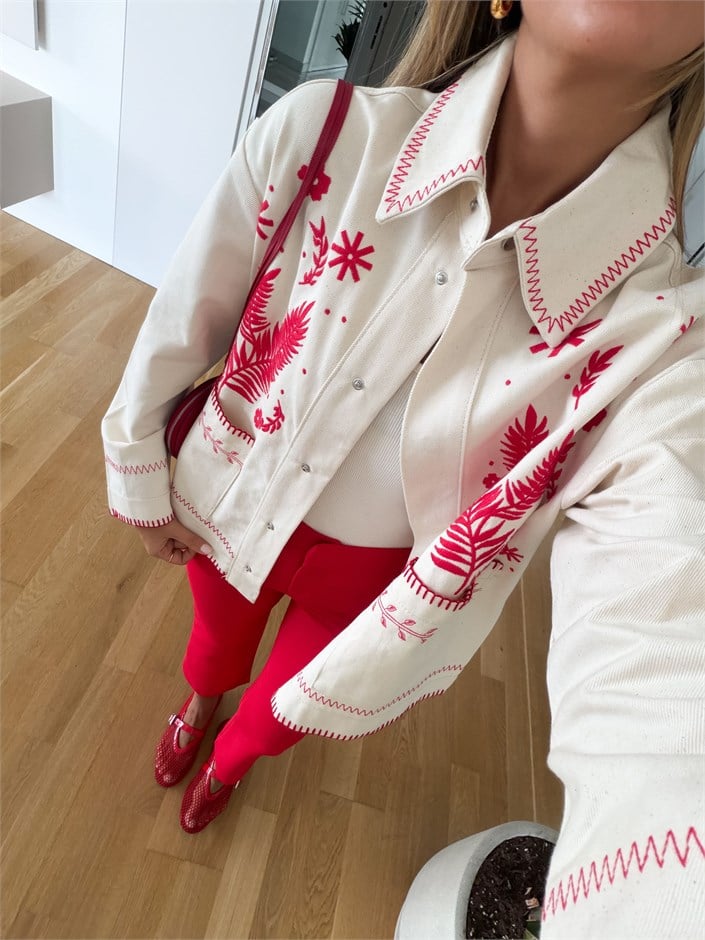 Gabardin Nakışlı Ceket - Bej 