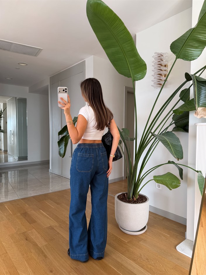 Geniş Paça Beli Lastikli Jean