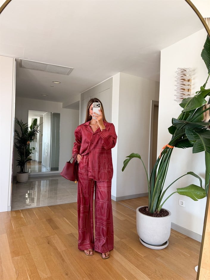 Geometrik Desenli Pantolon Takım - Bordo
