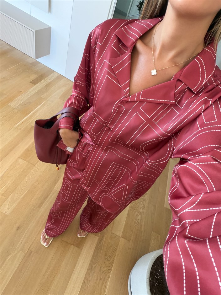 Geometrik Desenli Pantolon Takım - Bordo