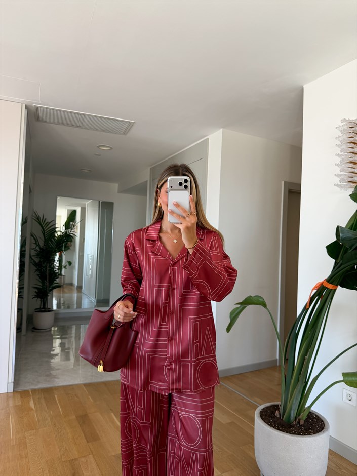 Geometrik Desenli Pantolon Takım - Bordo