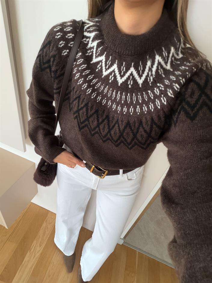 Geometrik Desenli Triko Kazak - Kahve