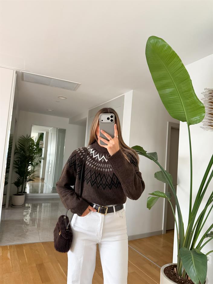 Geometrik Desenli Triko Kazak - Kahve