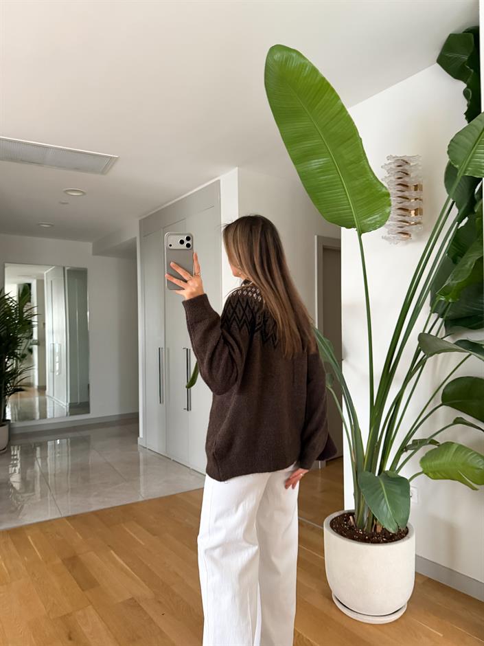 Geometrik Desenli Triko Kazak - Kahve