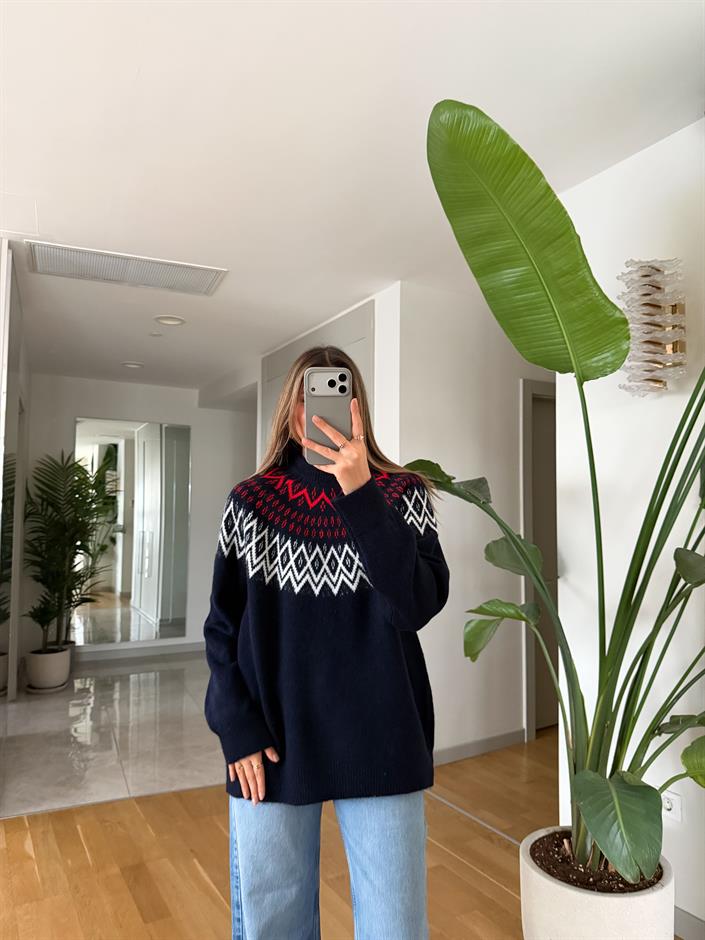 Geometrik Desenli Triko Kazak - Lacivert