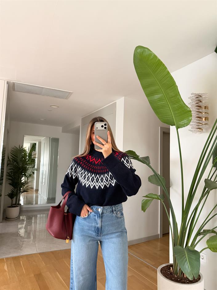 Geometrik Desenli Triko Kazak - Lacivert