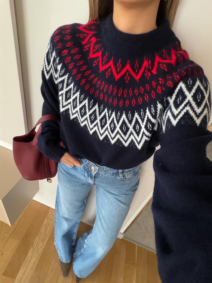 Geometrik Desenli Triko Kazak - Lacivert