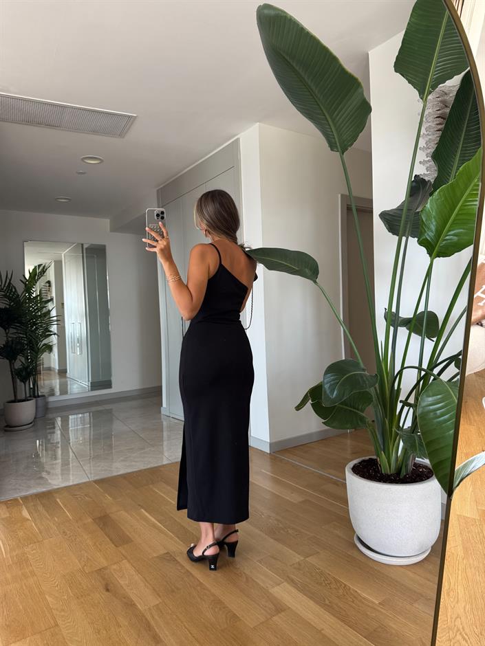 Giona Tek Askılı Midi Elbise - Siyah