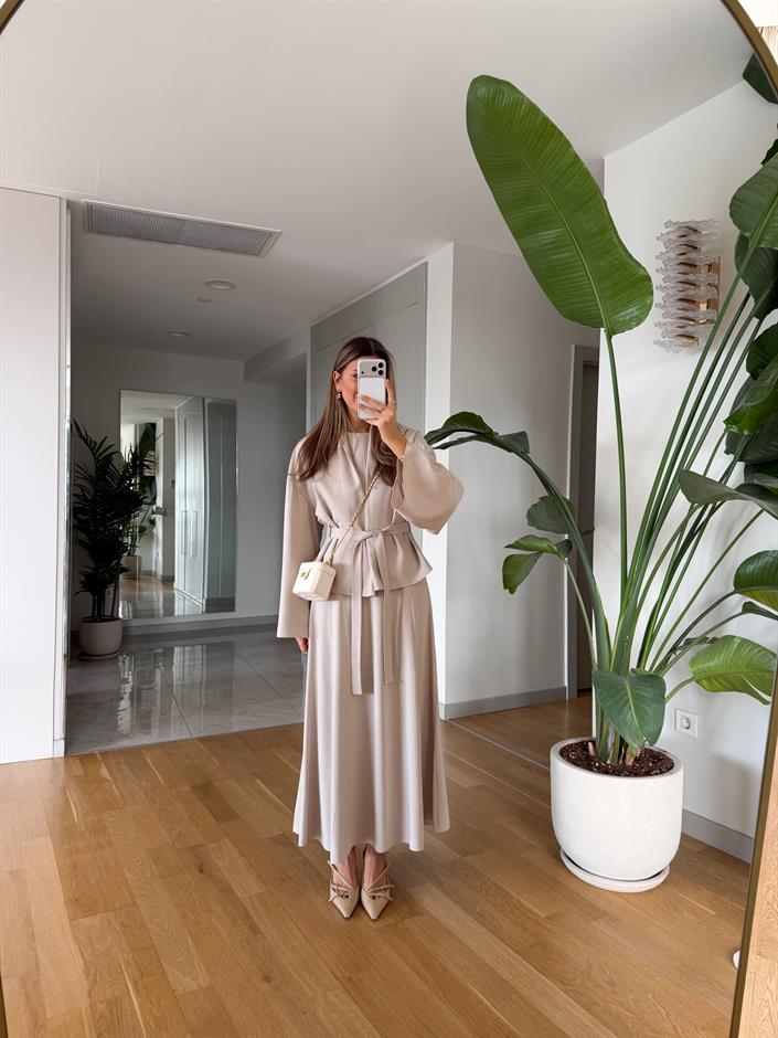 Gipsy Kuşaklı Ceket Elbise Takım - Ekru