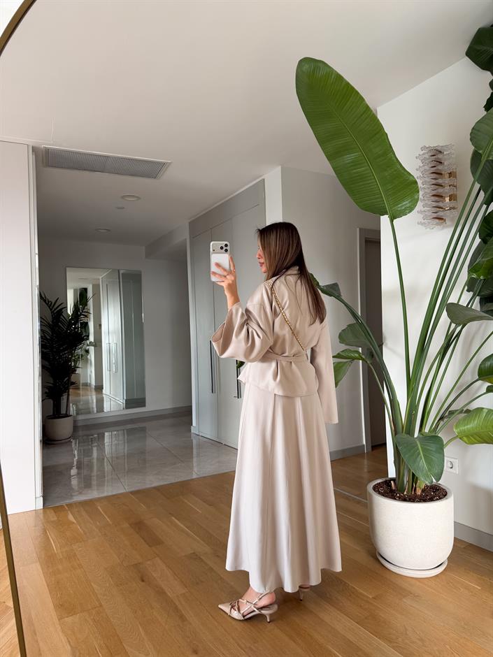 Gipsy Kuşaklı Ceket Elbise Takım - Ekru