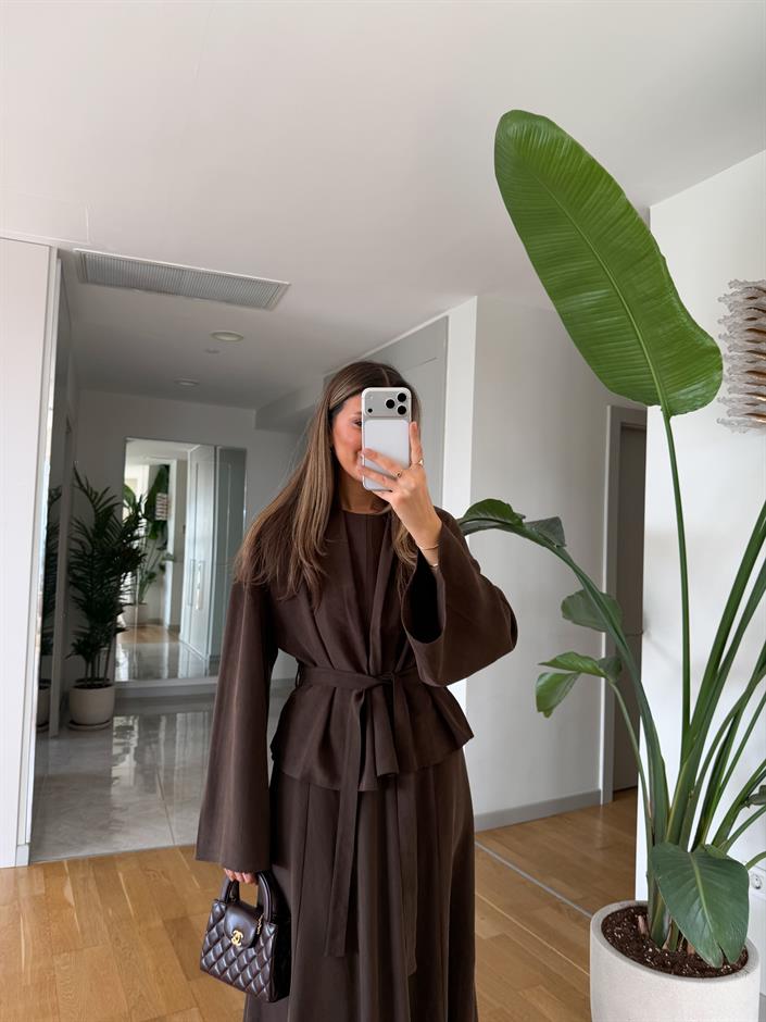 Gipsy Kuşaklı Ceket Elbise Takım - Kahve