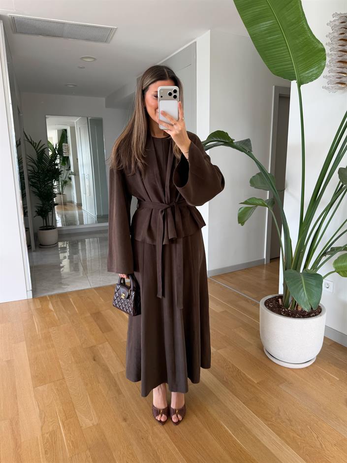 Gipsy Kuşaklı Ceket Elbise Takım - Kahve