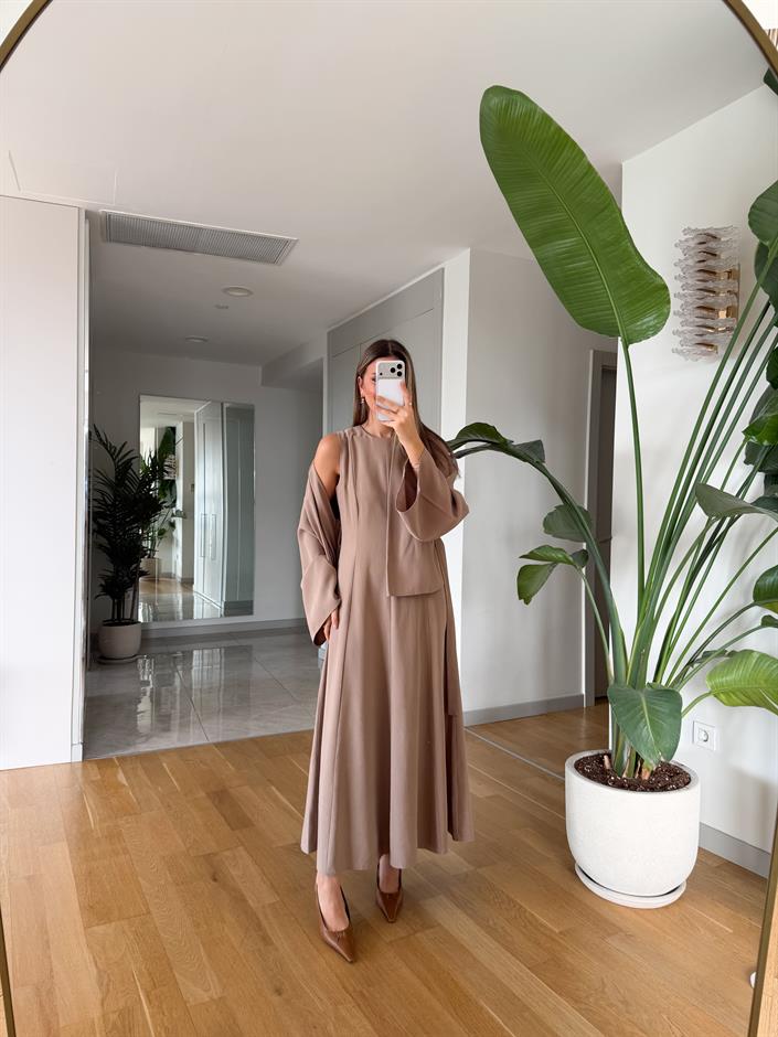 Gipsy Kuşaklı Ceket Elbise Takım - Sütlü Kahve