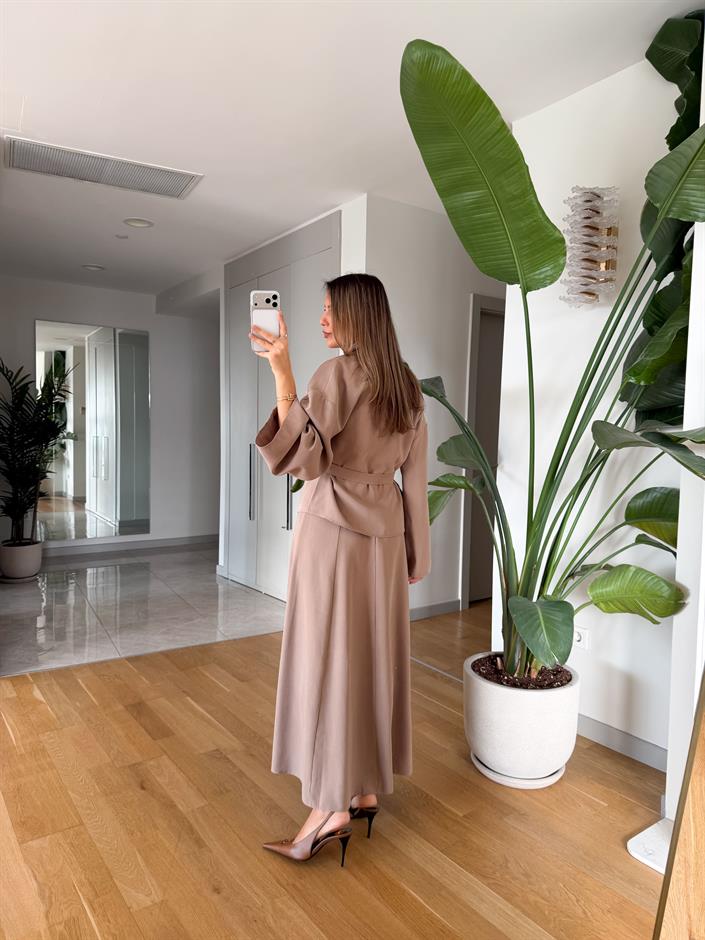 Gipsy Kuşaklı Ceket Elbise Takım - Sütlü Kahve