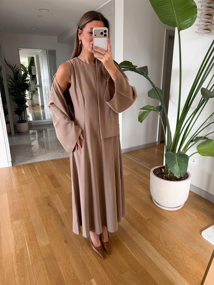 Gipsy Kuşaklı Ceket Elbise Takım - Sütlü Kahve