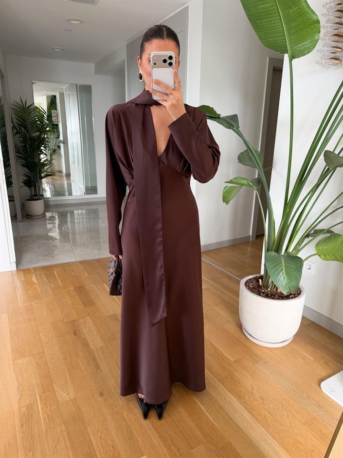 Göğüs Büzgülü V Yaka Saten Elbise - Kahve