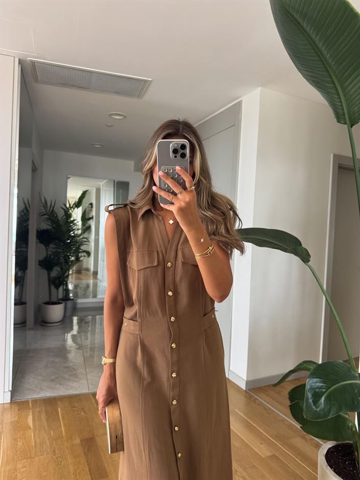 Gold Apoletli Midi Boy Elbise - Kahve
