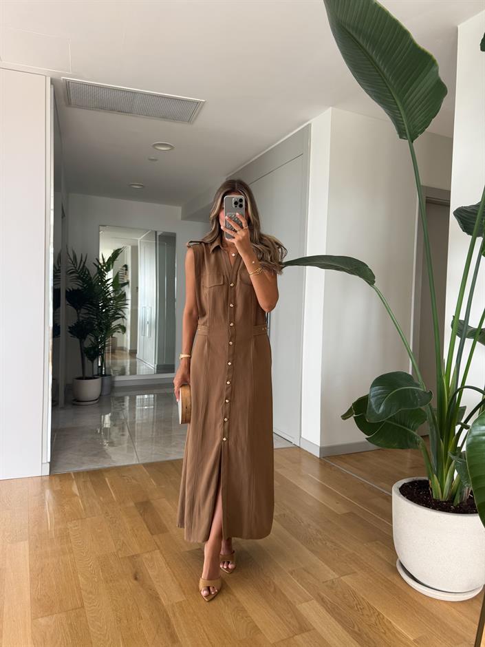Gold Apoletli Midi Boy Elbise - Kahve