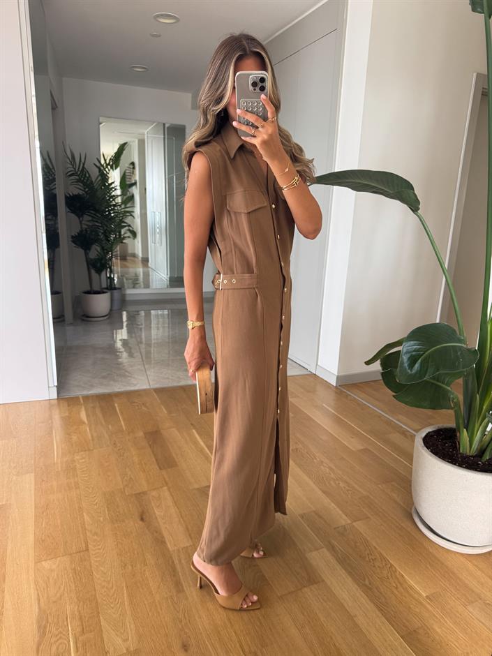 Gold Apoletli Midi Boy Elbise - Kahve