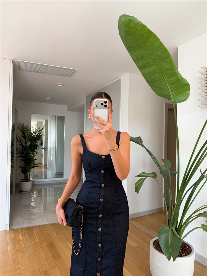 Gold Düğmeli Askılı Denim Elbise 
