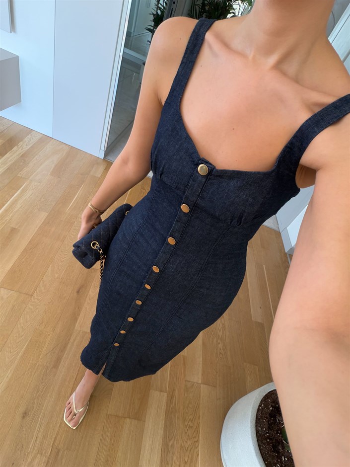 Gold Düğmeli Askılı Denim Elbise 