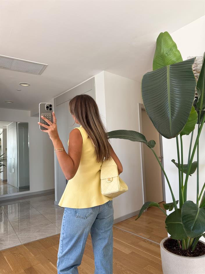 Gold Düğmeli Çelik Örme Yelek - Sarı