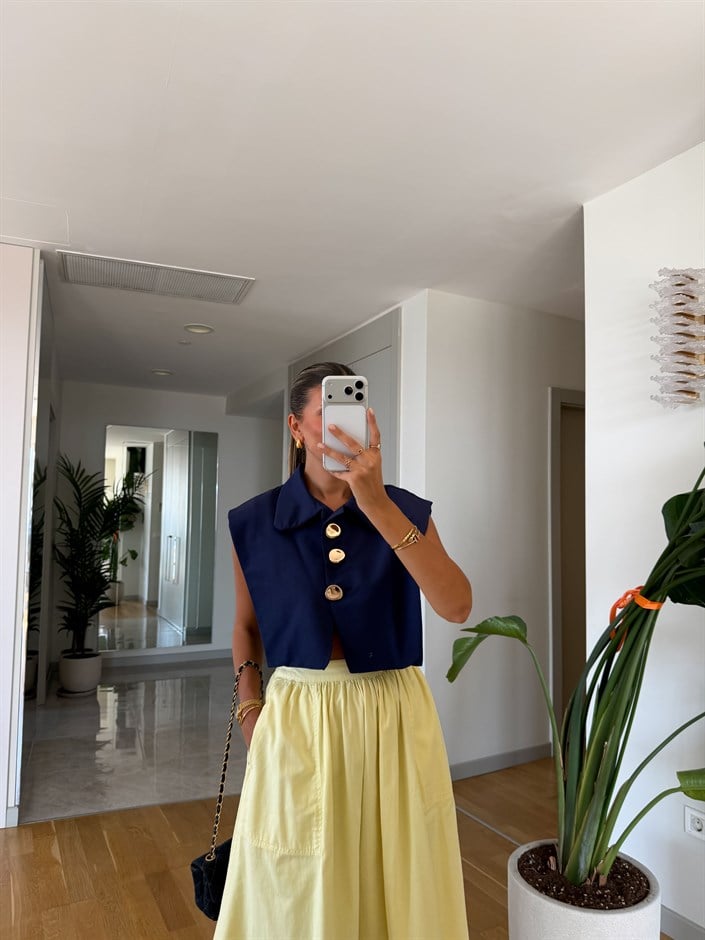 Gold Düğmeli Crop Yelek - Lacivert