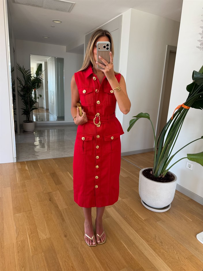 Gold Düğmeli Kemerli Denim Elbise - Kırmızı