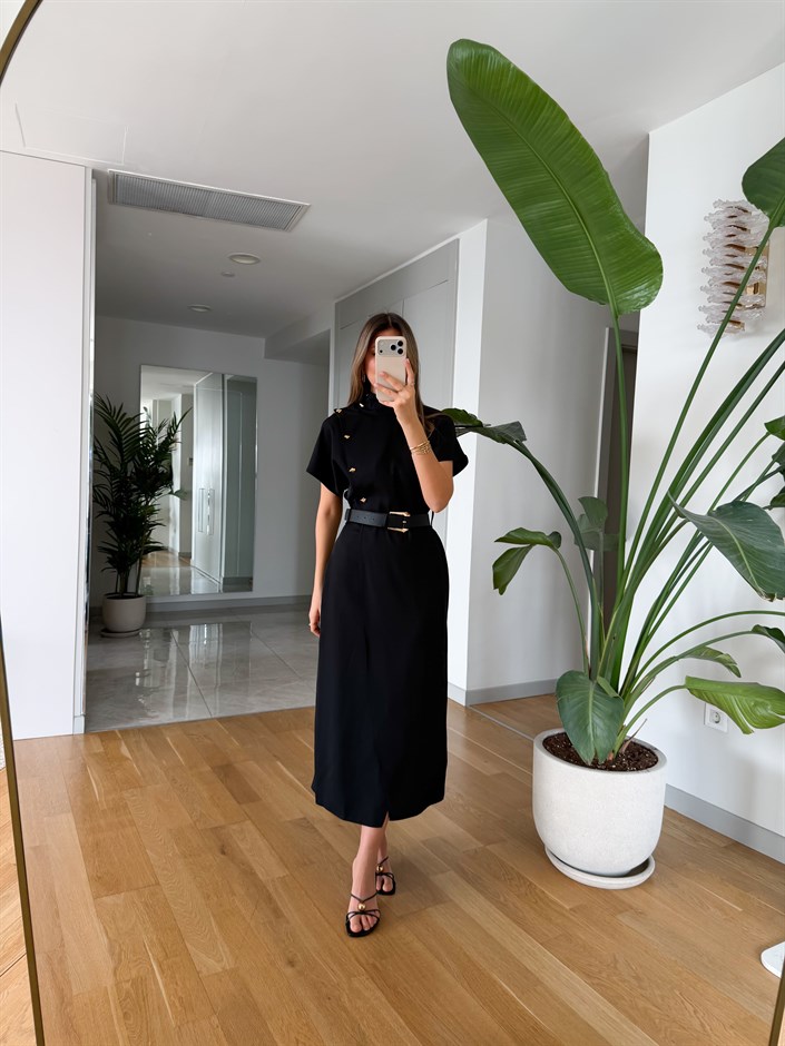 Gold Düğmeli  Kemerli Midi Elbise - Siyah