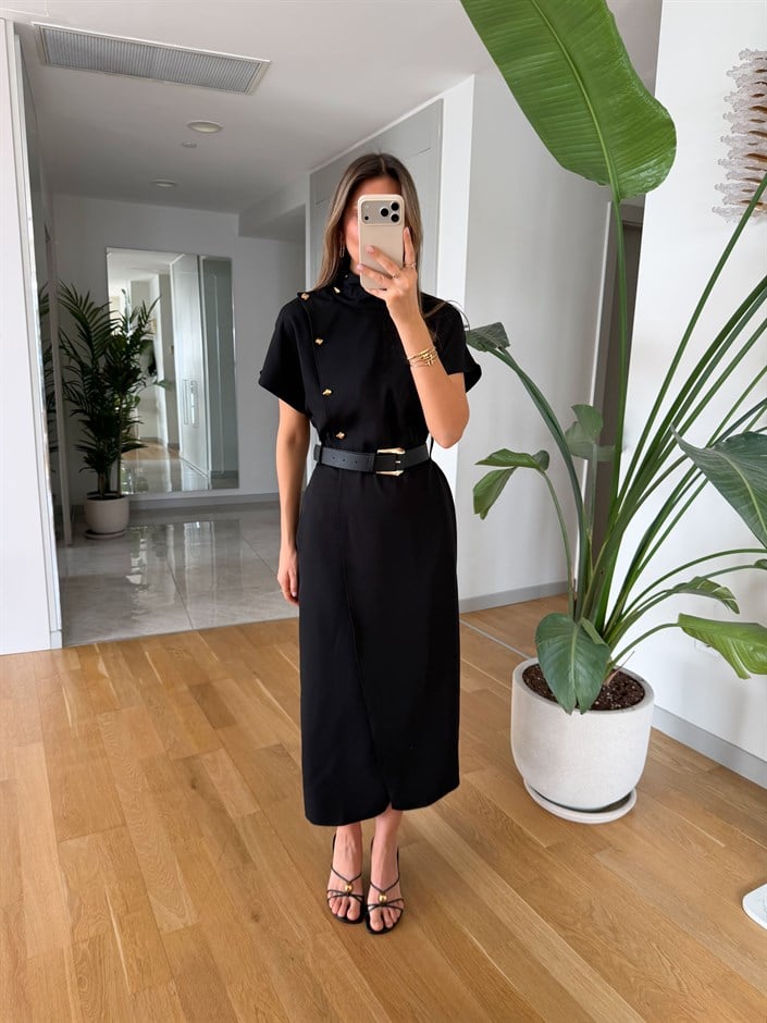 Gold Düğmeli  Kemerli Midi Elbise - Siyah