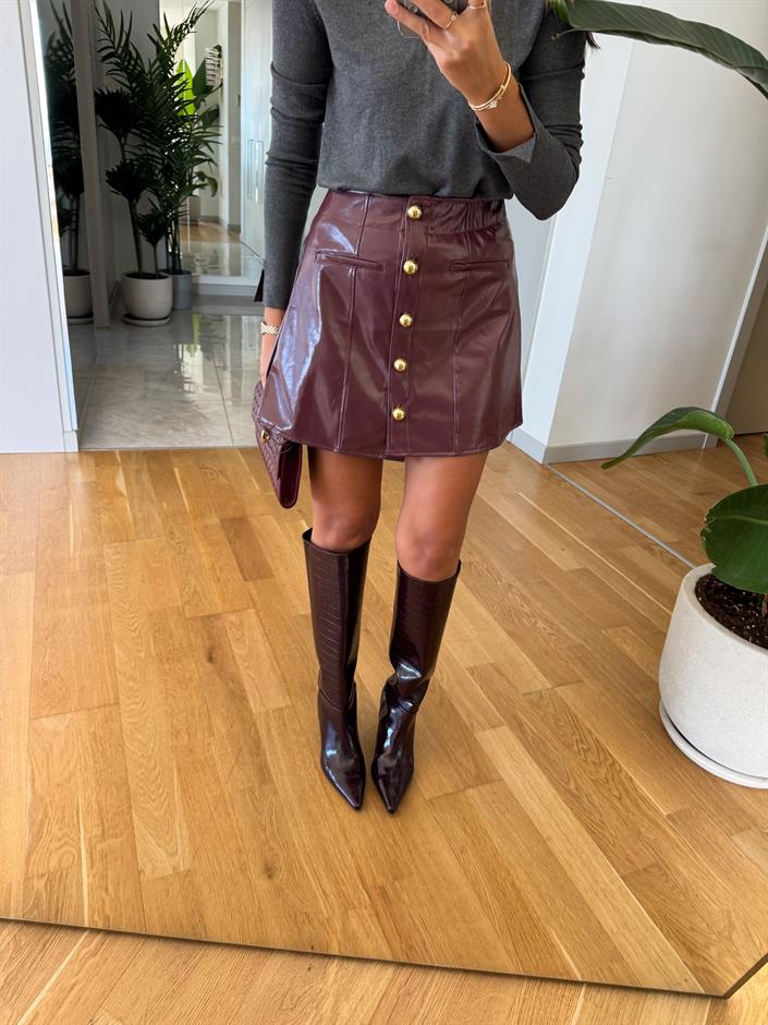Gold Düğmeli Parlak Suni Deri Etek - Bordo