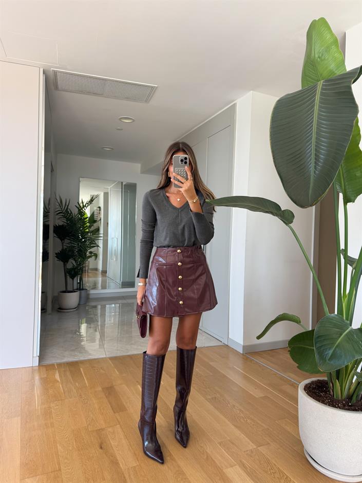 Gold Düğmeli Parlak Suni Deri Etek - Bordo