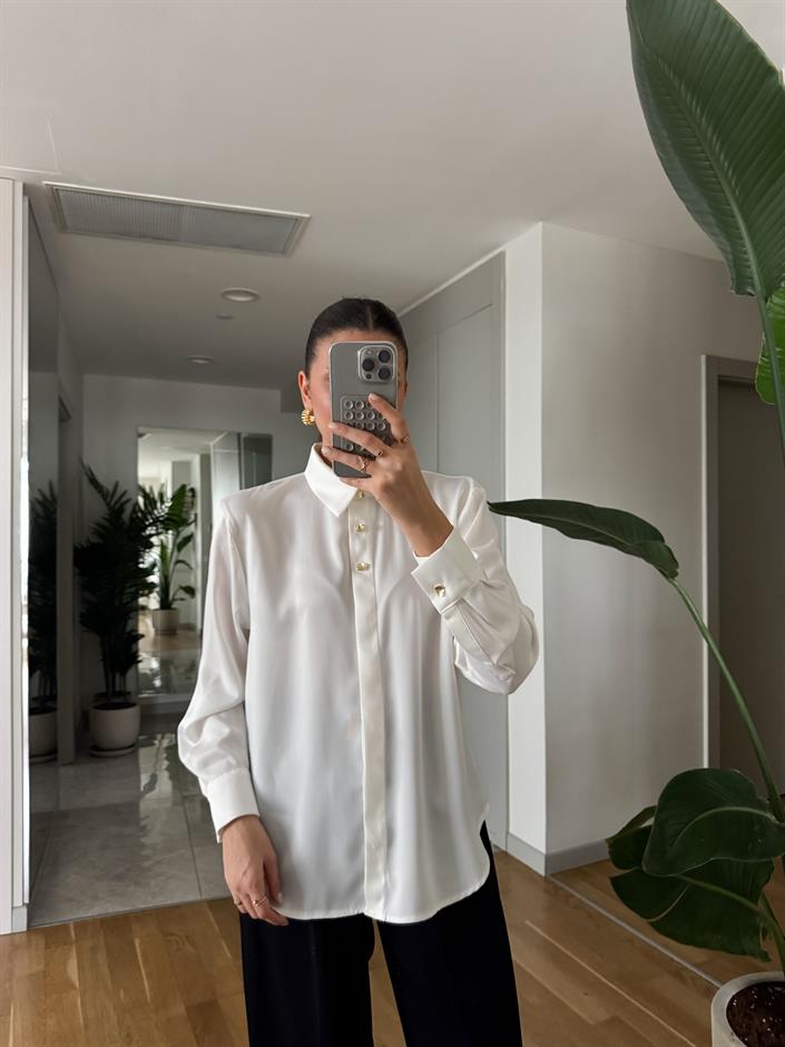 Gold Düğmeli Saten Gömlek- Ekru